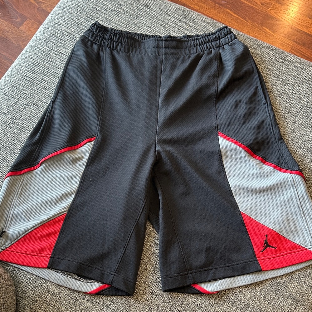 Jordan Men's Black and Gray Athletic Shorts with Red Accents